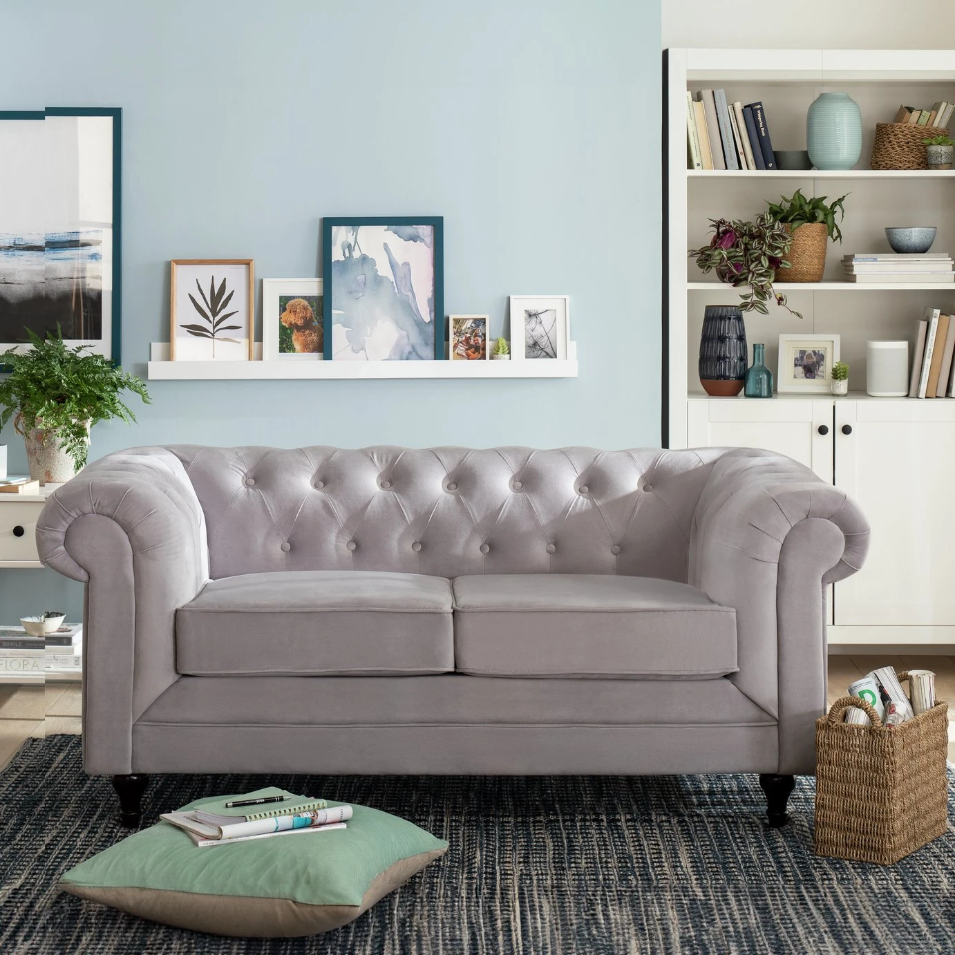 Habitat Chesterfield Velvet 2 Seater Sofa - Light Grey 2 Habitat Chesterfield Velvet 2 Seater Sofa - Light Grey - Image 2